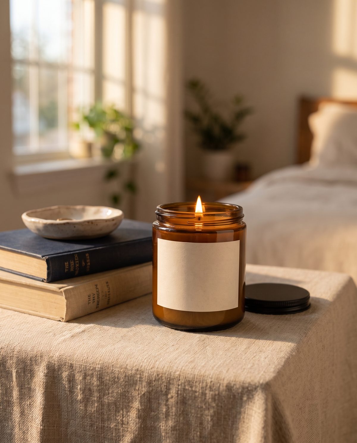 The same candle, lit, styled on a linen bedside table in warm window light