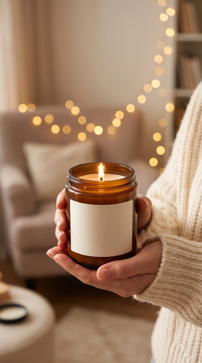 Candle held in two hands in a living room with string lights