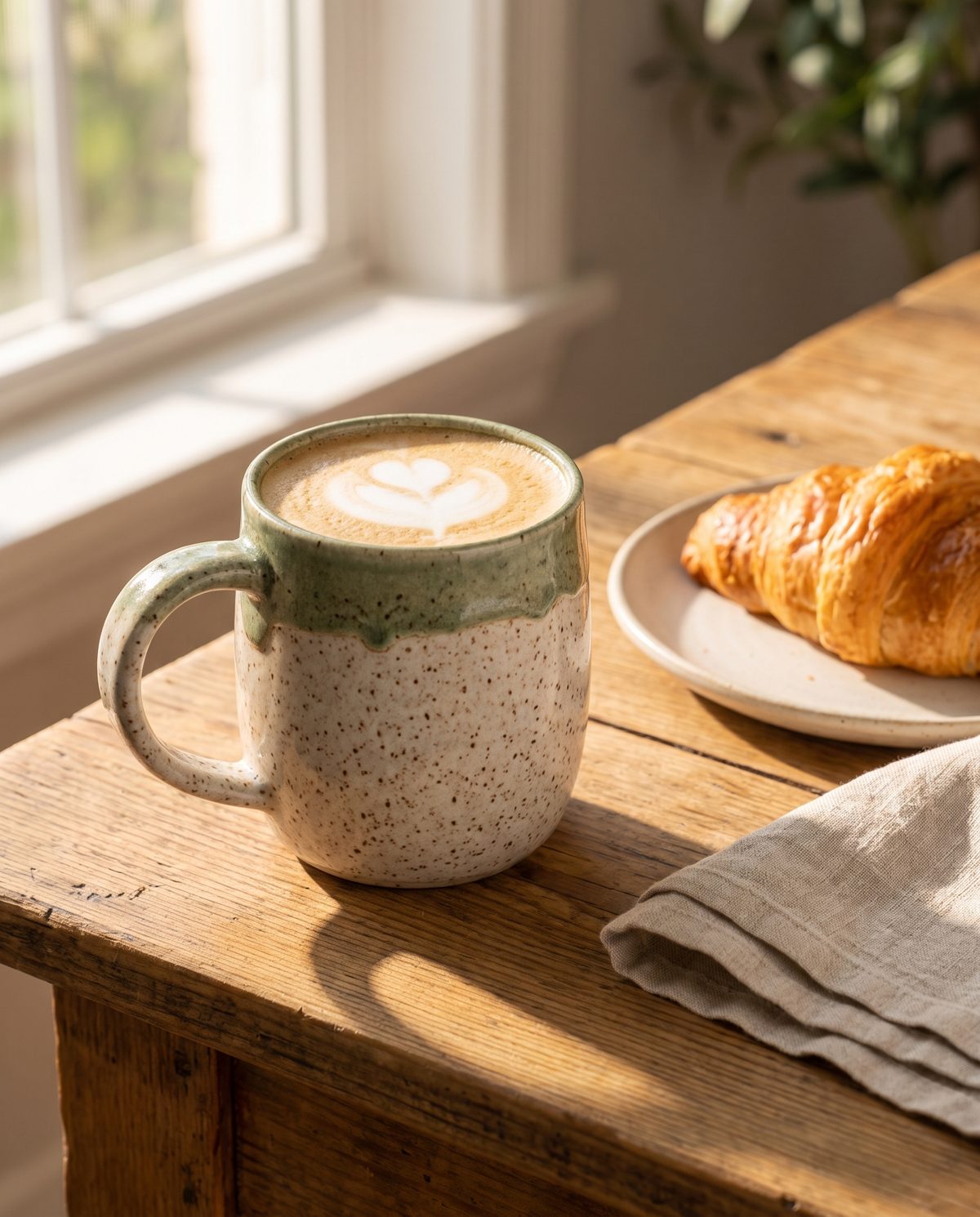 Speckled ceramic mug with a latte on a sunlit breakfast table