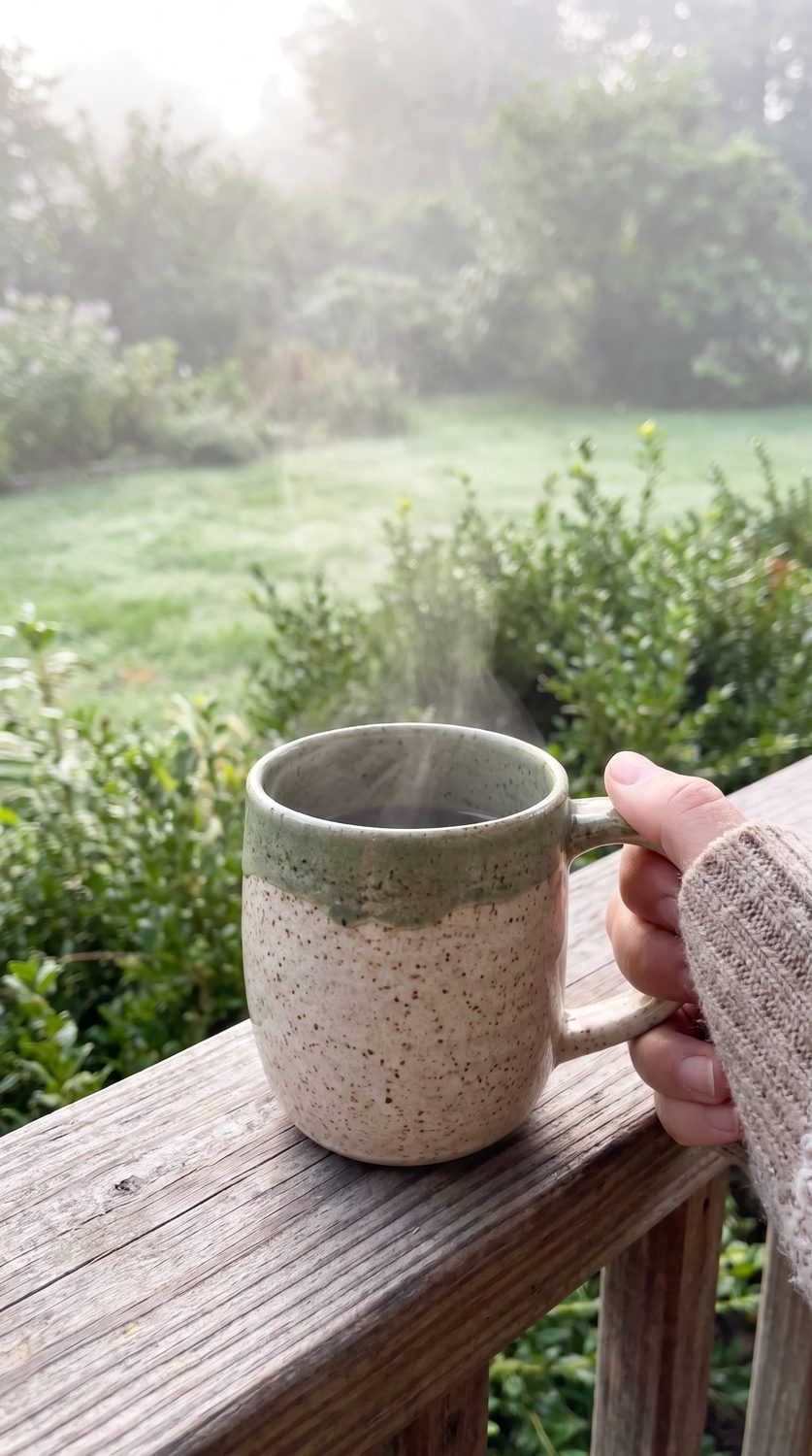 The mug steaming on a porch railing in front of a misty garden