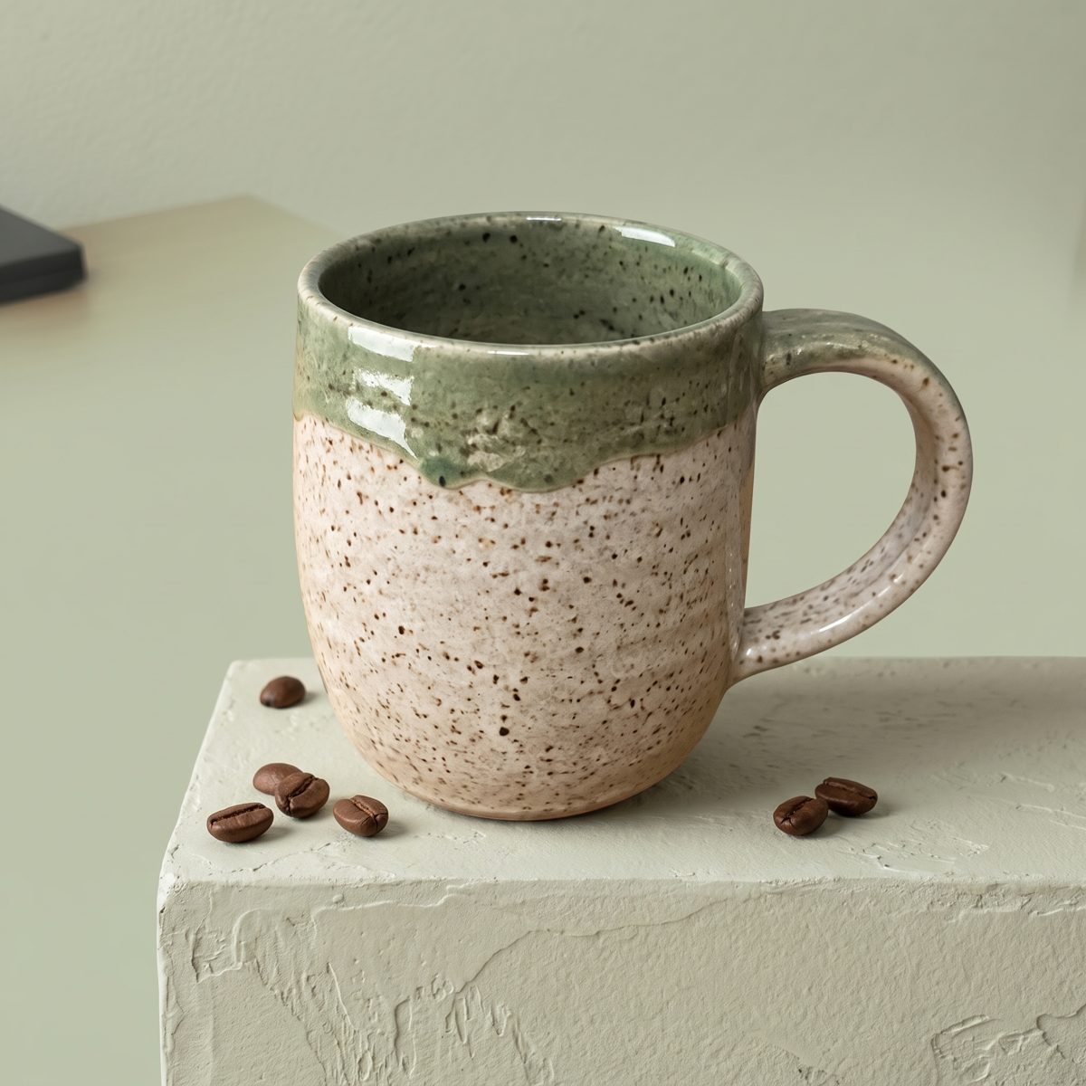 The mug on a sage green studio backdrop with coffee beans