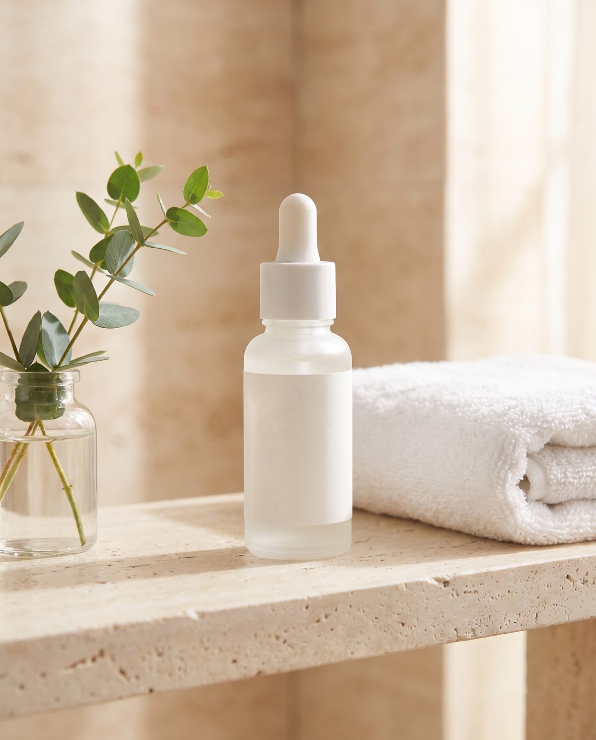Dropper bottle on a travertine shelf with a towel and eucalyptus