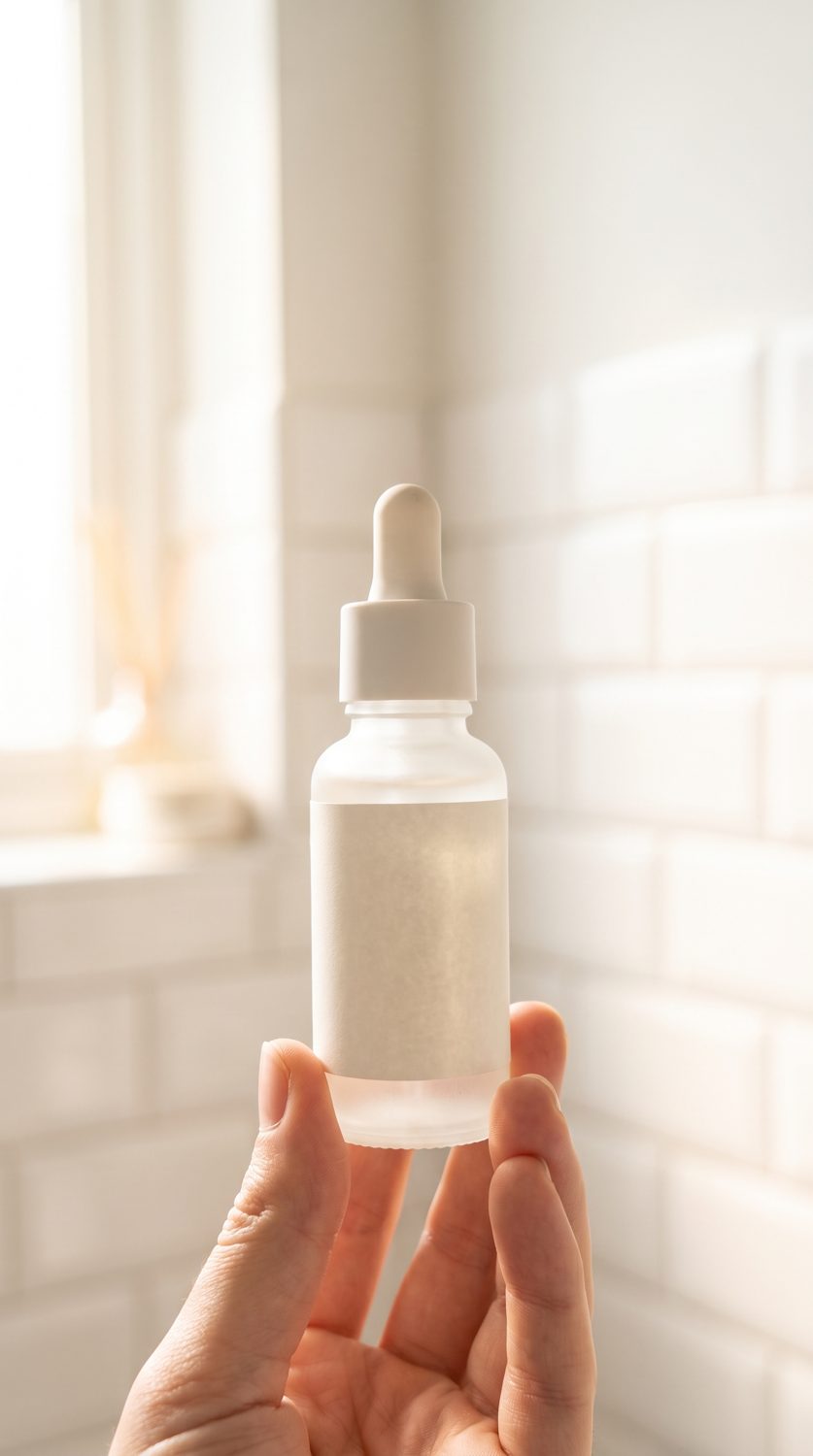 Frosted dropper bottle held between fingertips in a bright bathroom