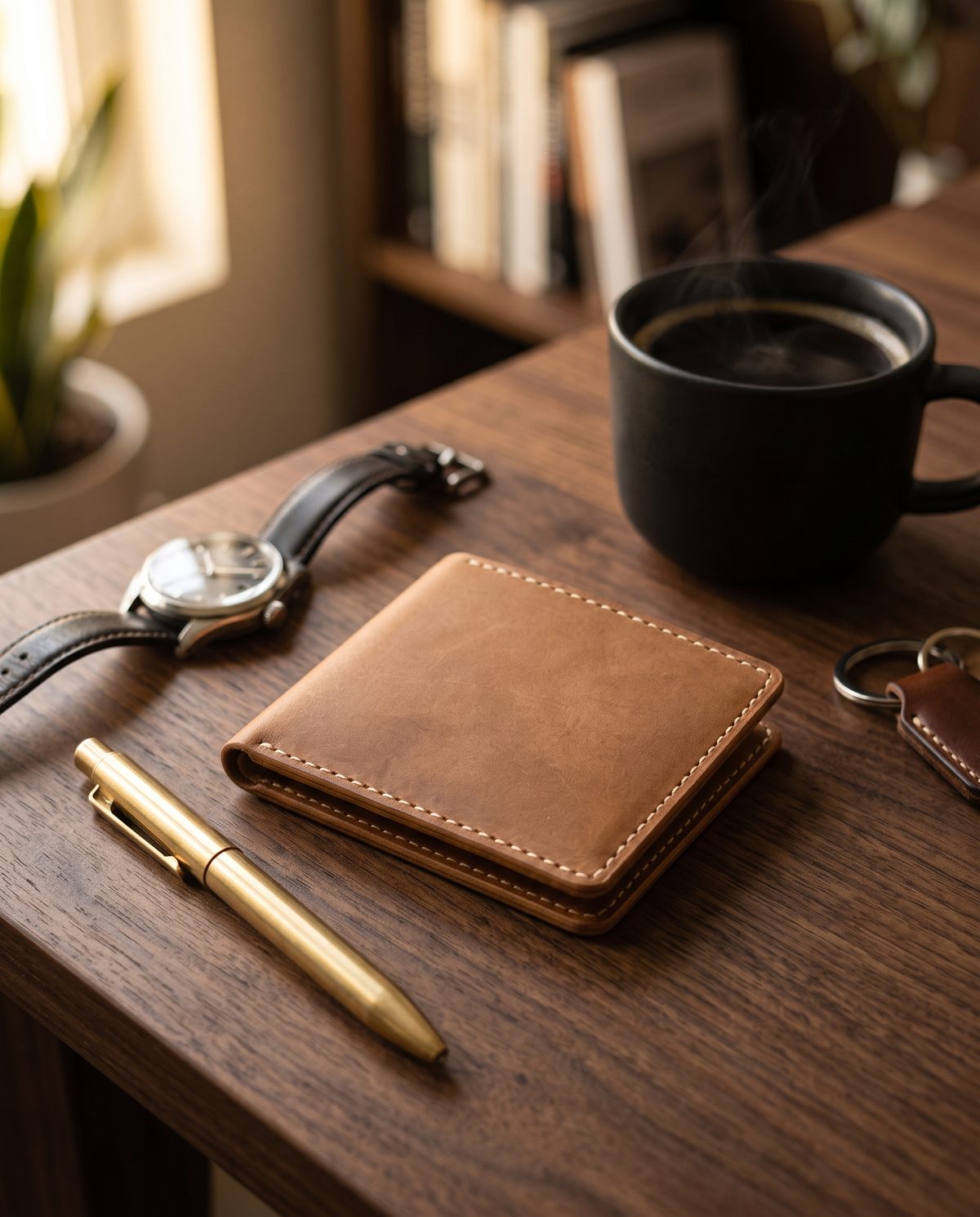 The wallet on a walnut desk with a watch, pen and coffee