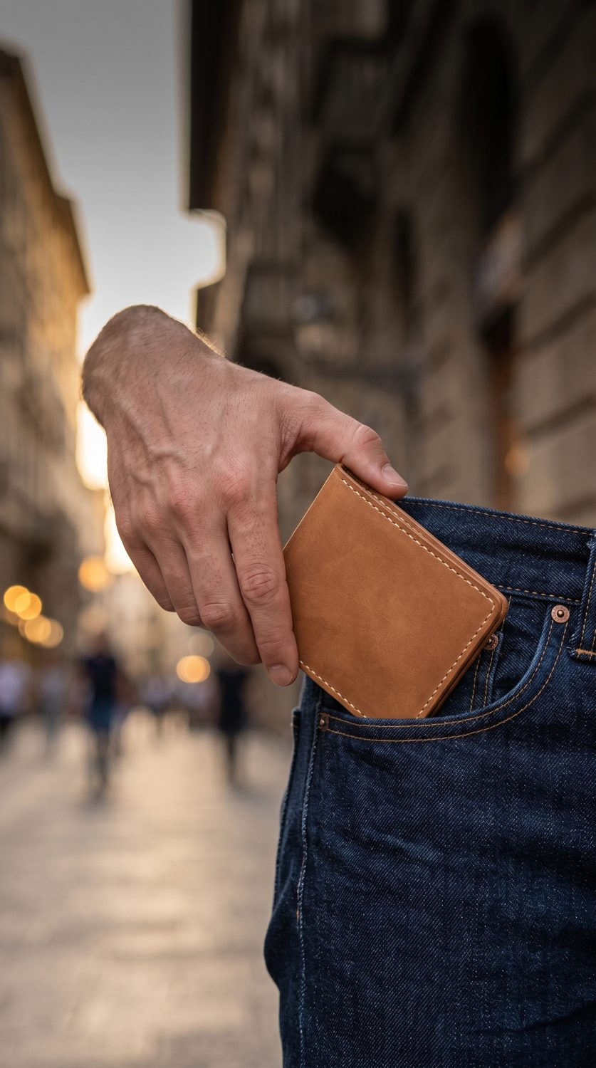 The wallet being slid into a jeans pocket on a city street